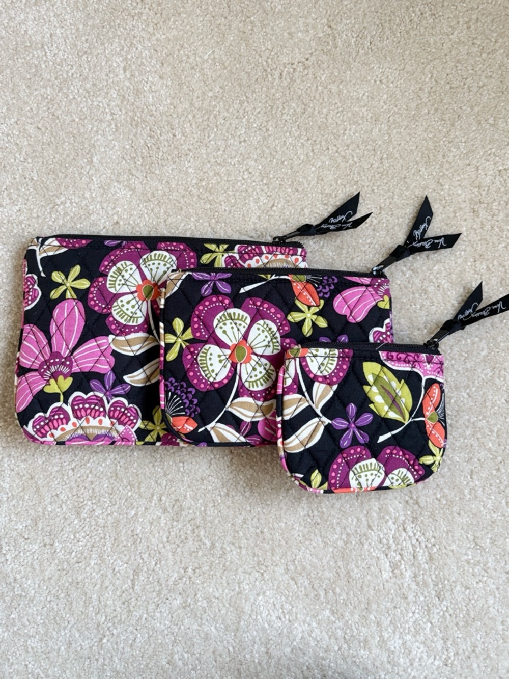 Vera Bradley Pirouette Pink Set of 3 Pouches Zipper Cosmetic Bag Black Purple